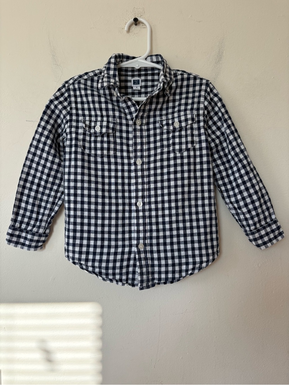 JANIE and JACK Gingham Linen/Cotton Button Down Shirt Navy Blue & White Sz 3